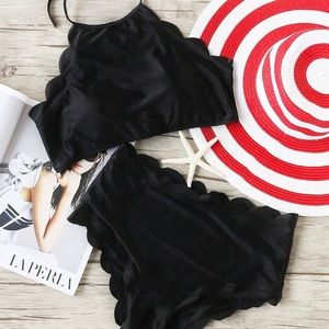 NEW Scalloped Trim Halter High Waist Bikini Set